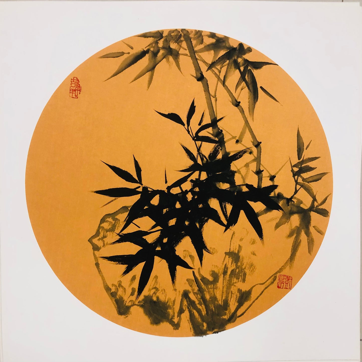 Hand Painted Traditional Chinese Art - Bamboo Painting with an Orange Tinged Background (50x50cm)