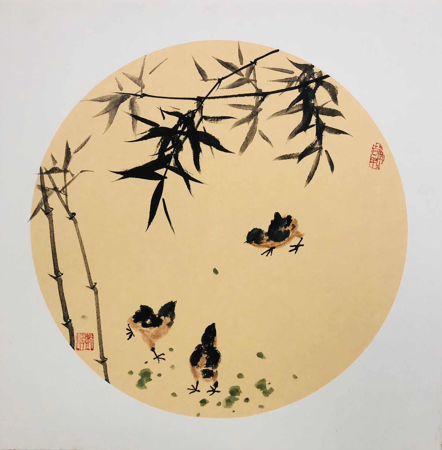 Chicken and Bamboo Hand-Painted Bamboo Painting – Traditional Chinese Xieyi Ink Art (50×50cm)