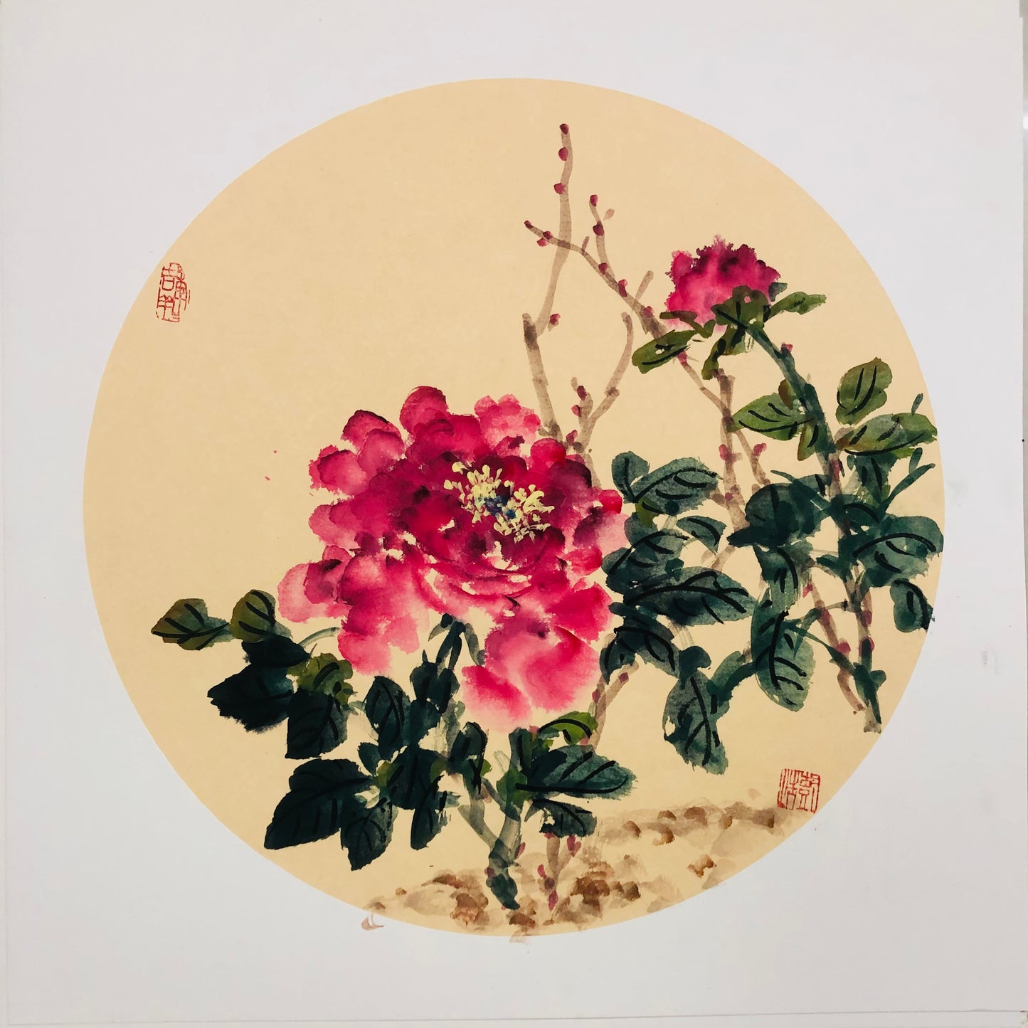 Hand-Painted Pink Peony Painting – Traditional Chinese Xieyi Ink Art (50×50cm)