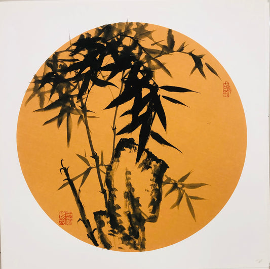 Dark Orange Bamboo Painting - Traditional Chinese Xieyi Ink Art (50×50cm)