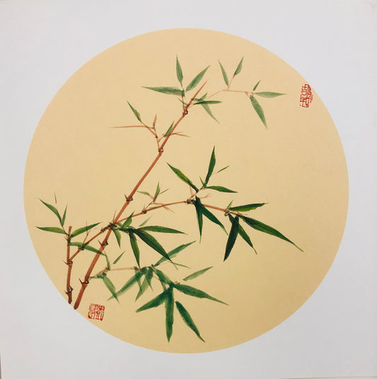 Red Stem with Green Leaves Bamboo Painting - Traditional Chinese Xieyi Ink Art (50×50cm)